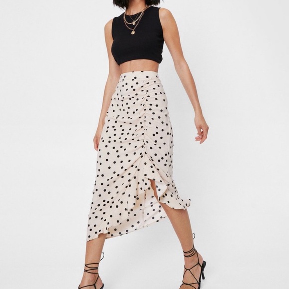 high waisted polka dot ruched midi skirt - Picture 1 of 4